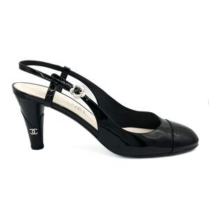 Chanel Interlocking CC Logo Patent Black Leather Cap Toe Slingback Heel Pumps